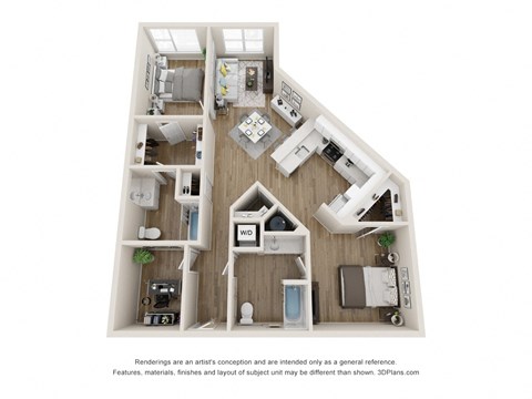 Floor plan for 2 beds, 2 baths, 1159 sqft